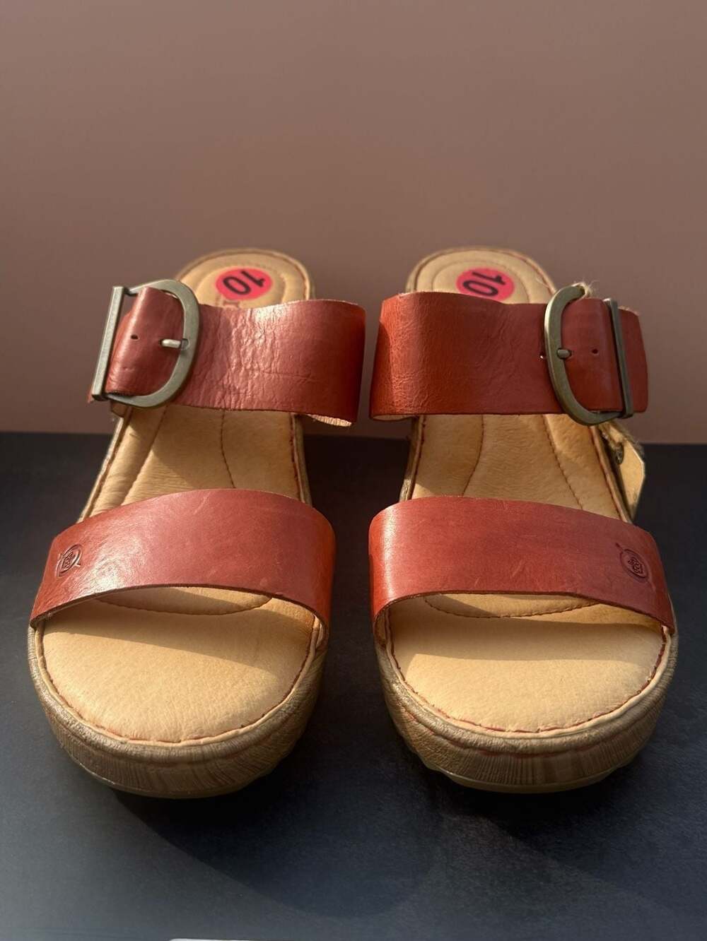 Born Brown Leather Two Strap Wedge Platform Sandals Size 10 NWT - Picture 2 of 4